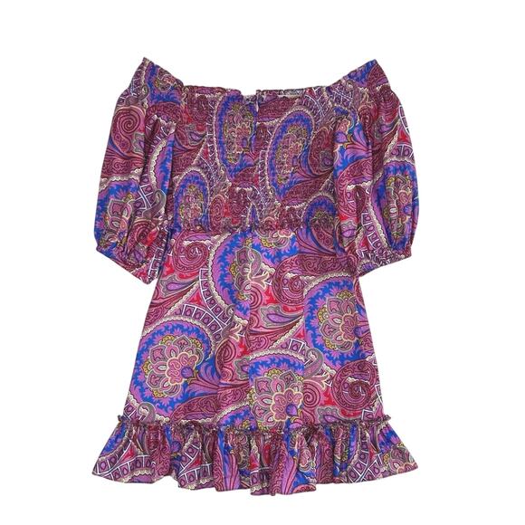 Alexis Alona Off the Shoulder Paisley Mini Dress Smocked Puff Sleeve Purple - Picture 5 of 7